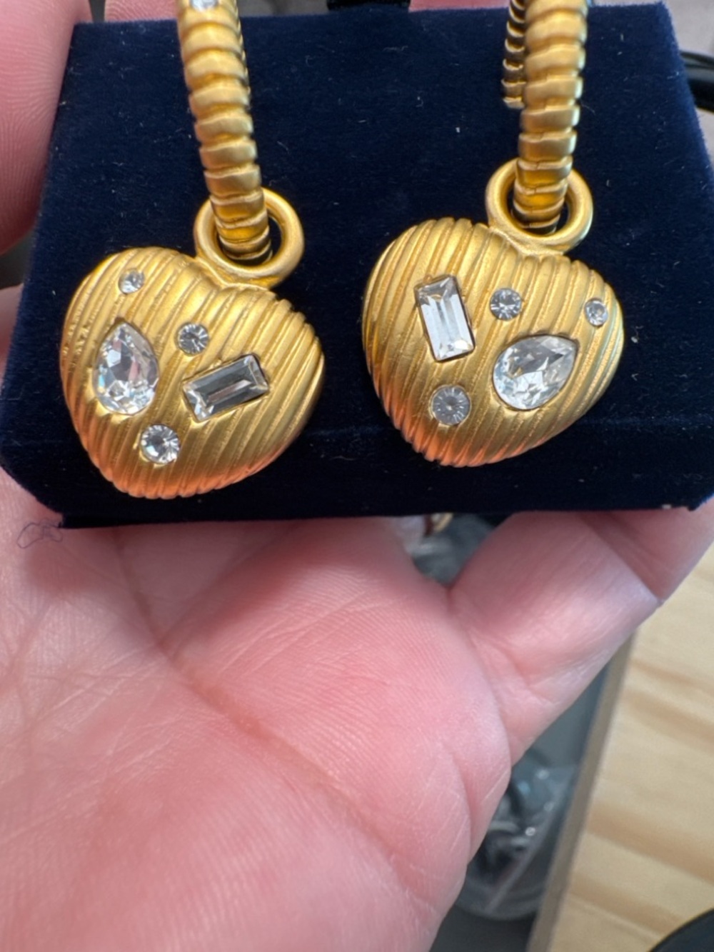 Gold Heart Crystal Drop Earrings with Ribbed Texture